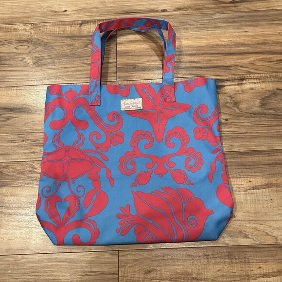 Lilly Pulitzer Estee Lauder Tote Bag Pink Blue Shells Crabs Beach Pool Market - Picture 1 of 7